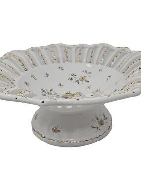 Vintage French Faience Moustiers Majolica Centerpiece Pedestal Bowl Reticulated
